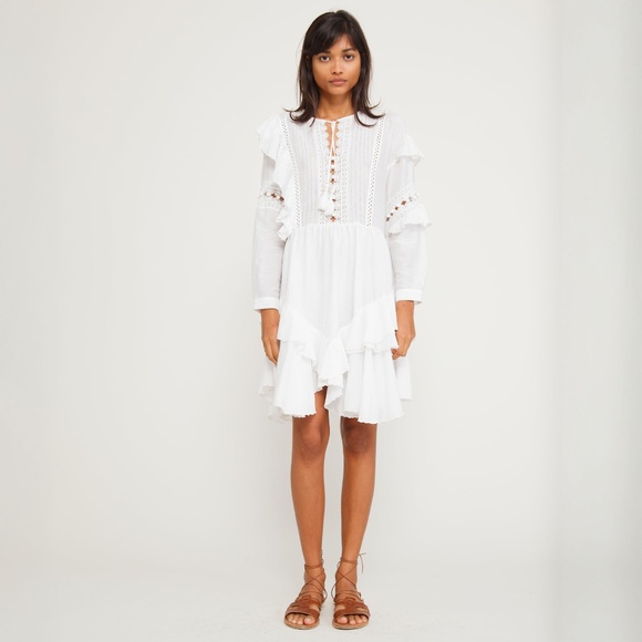 Sea New York Tie Neck Mini Dress White Size 4 Ruffle, Pom-Pom & Tassel Accents - Picture 12 of 14